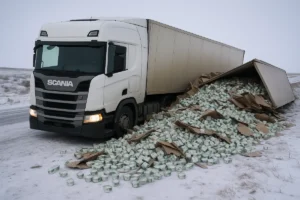 В Мангистау водитель перевернувшейся фуры угостил местных йогуртом